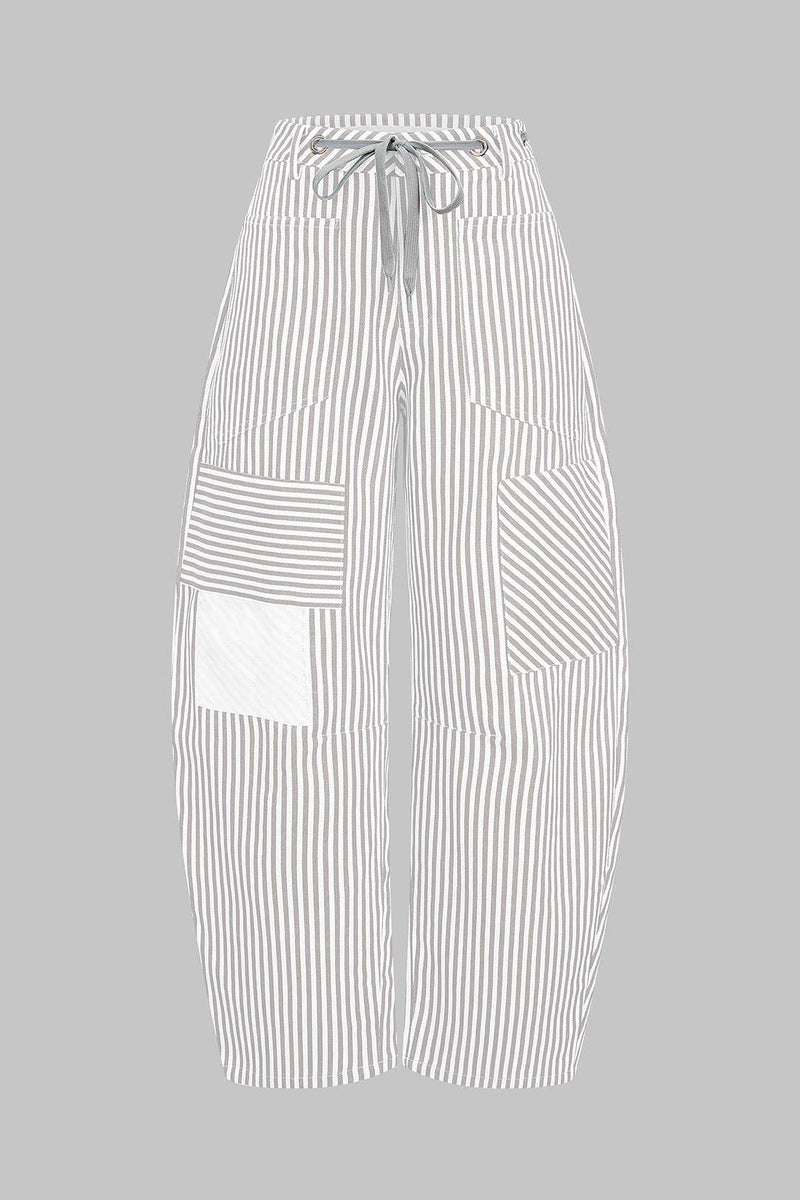 Stripe Print Pocket Drawstring Barrel Trousers