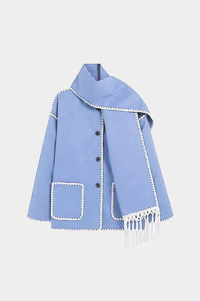 Contrast Trim Wool-blend Coat With Tassel Scarf