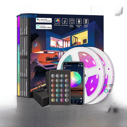 WiFi LED Strip Light Kit with RGB colors, app control, and Alexa voice compatibility for home lighting.